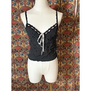 Sky to Moon Black Polka Dot Cami Top Lace Trim‎ Ribbon Tie Sleeveless skirt set